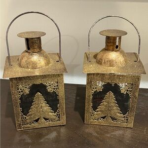 Vintage Set of 2, Pier 1 Holiday Gold Lantern Candle Tea light Holder.